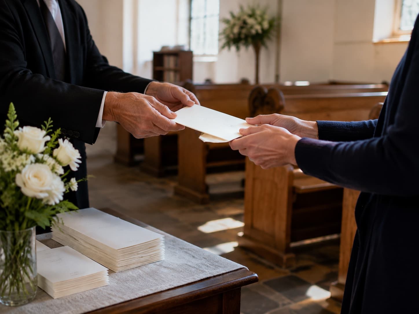 A church leader handing a sympathy card to someone after a memorial service