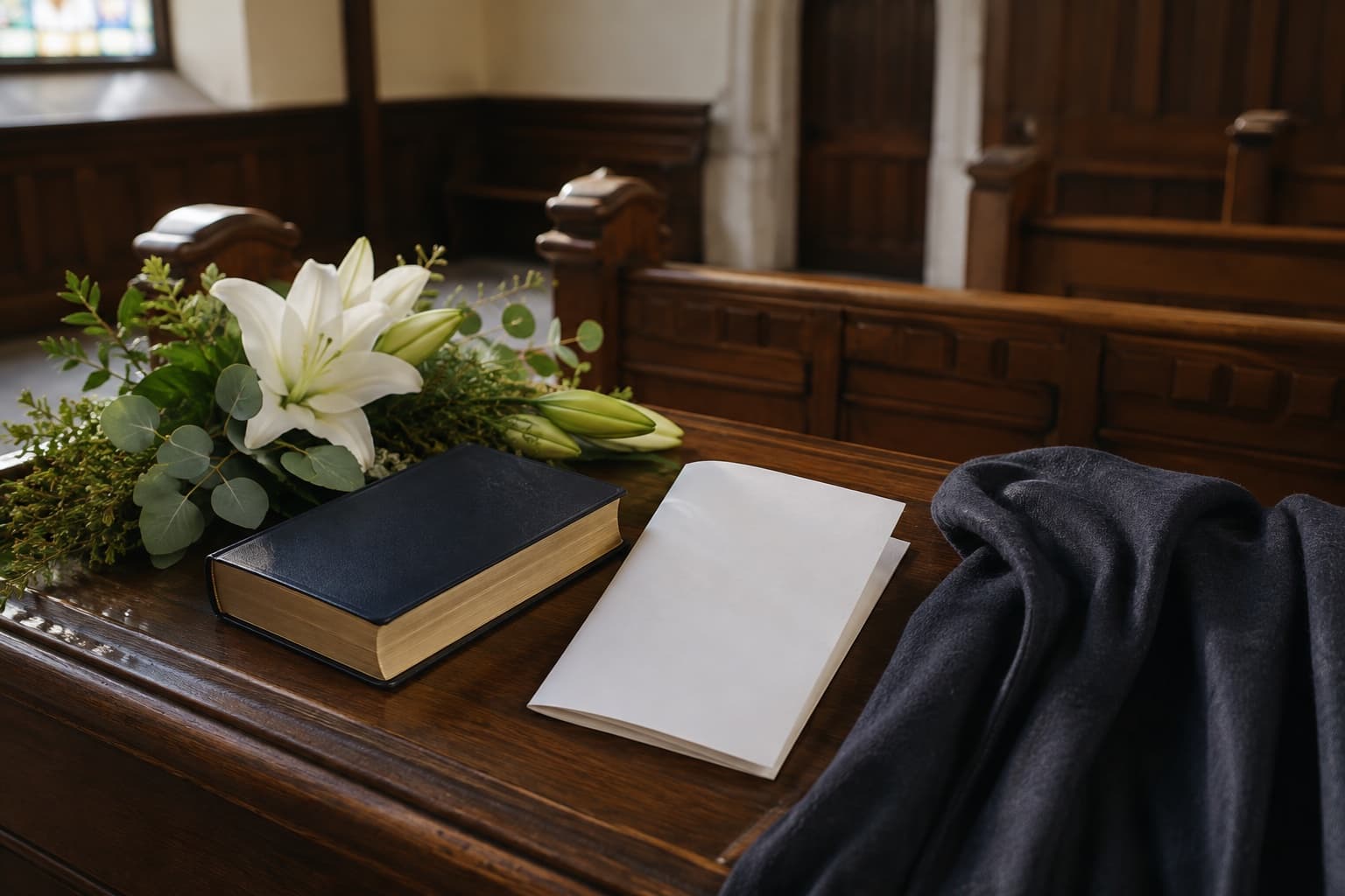 A Bible, white lilies, and a blank funeral program resting on a church pew