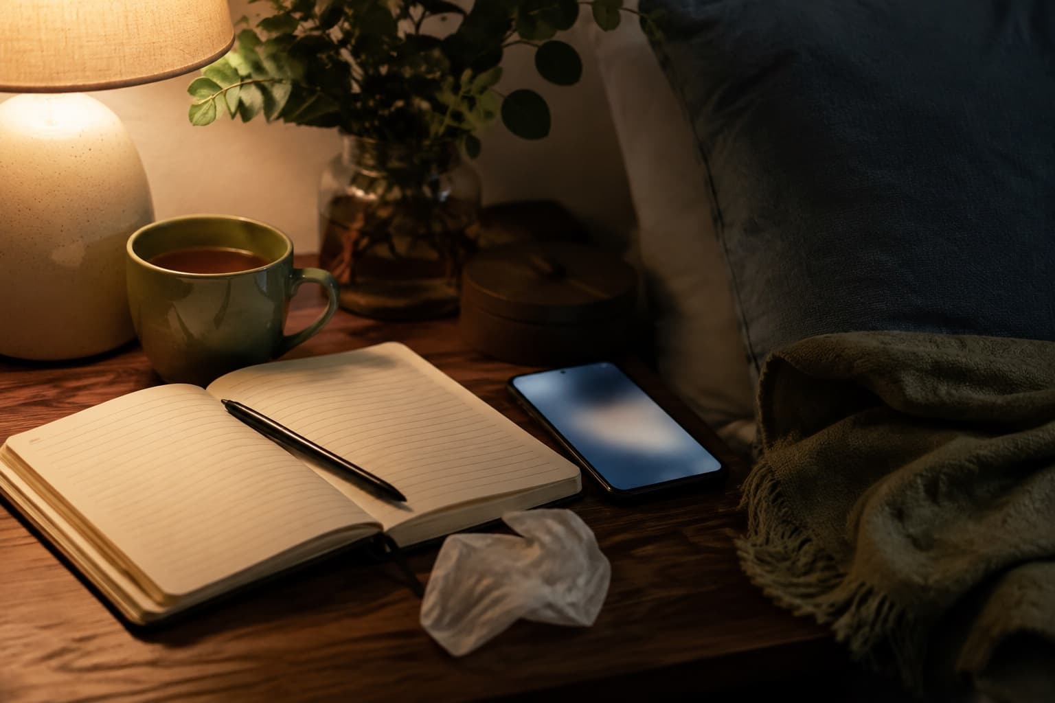 A phone beside an open journal and cup of tea in warm evening light